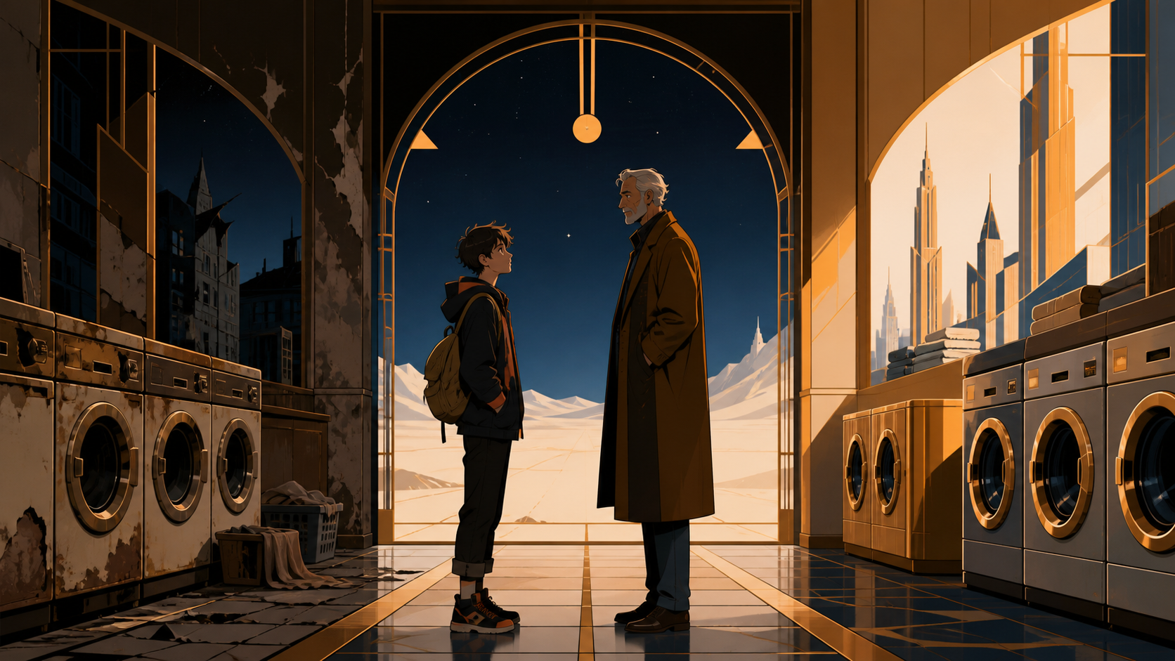 A teenager meeting their elderly future self at a neighborhood laundromat, with the time difference communicated through clothing and environment. Centered architectural frame with time changing toward the edges. Amber, 