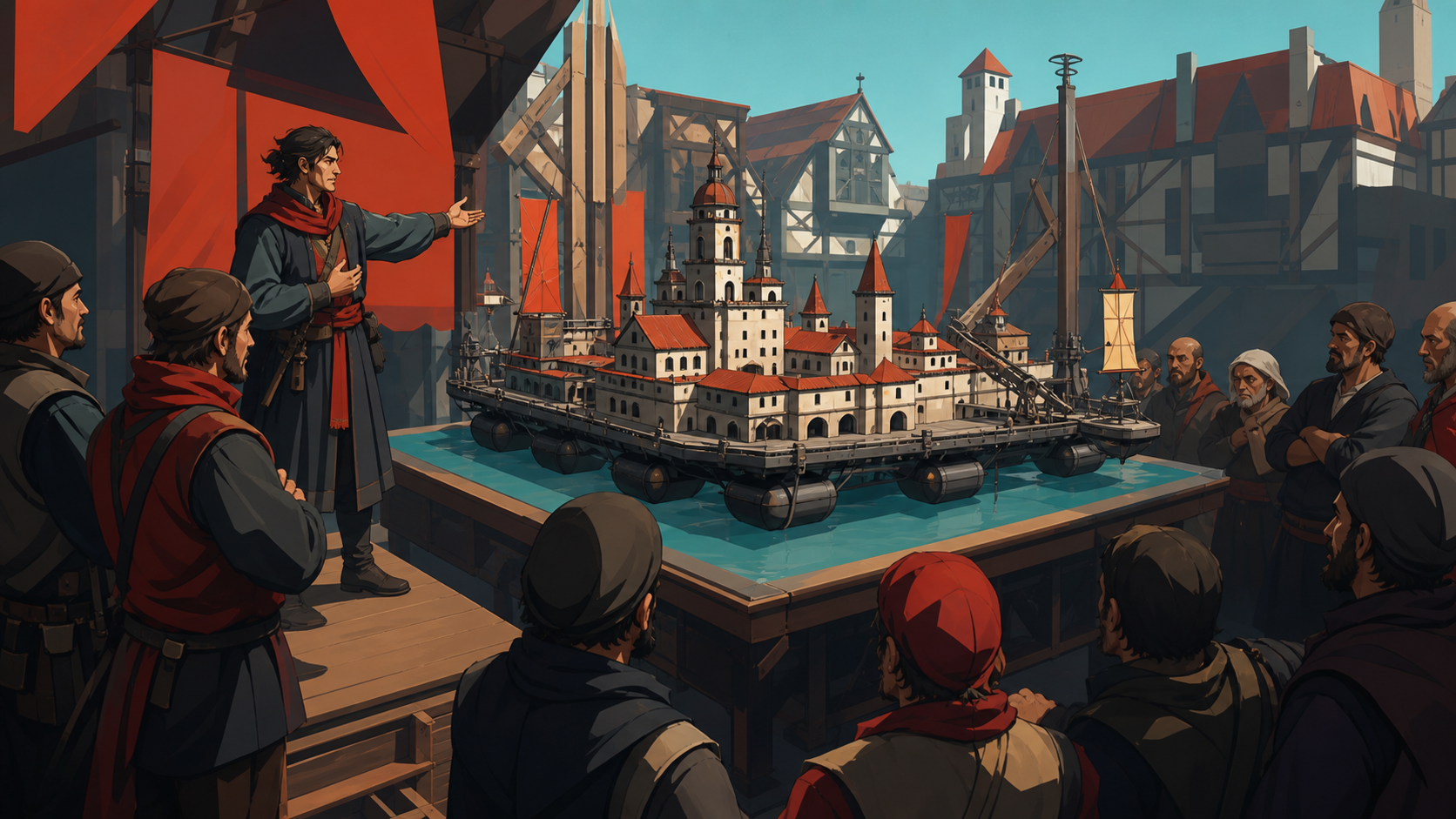 A medieval urban planner presenting a practical model of a floating district, during a public demonstration attended by skeptical adults. Wide period street scene centered on the alternate technology in use. Vermillion, 
