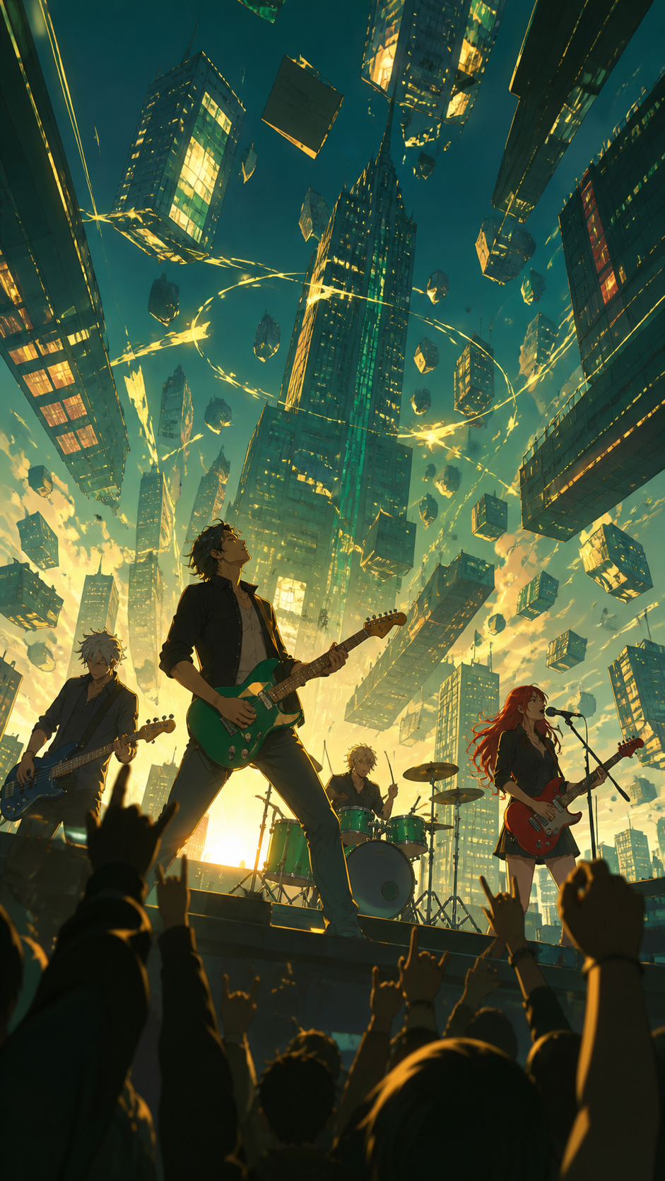 A rooftop rock band playing while the surrounding city slowly levitates, seen from within the audience as sound visibly transforms the environment. Intimate low-angle concert view with dramatic foreground silhouettes. Em