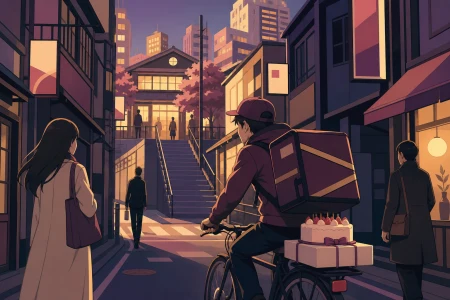 A bicycle courier carrying a birthday cake through narrow backstreets, during the blue hour between the final commuters and the morning deliveries. Street-level view with foregroun