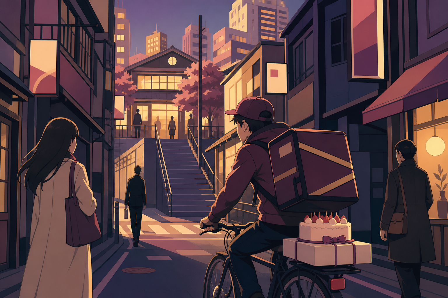 A bicycle courier carrying a birthday cake through narrow backstreets, during the blue hour between the final commuters and the morning deliveries. Street-level view with foreground pedestrians and a clear destination be