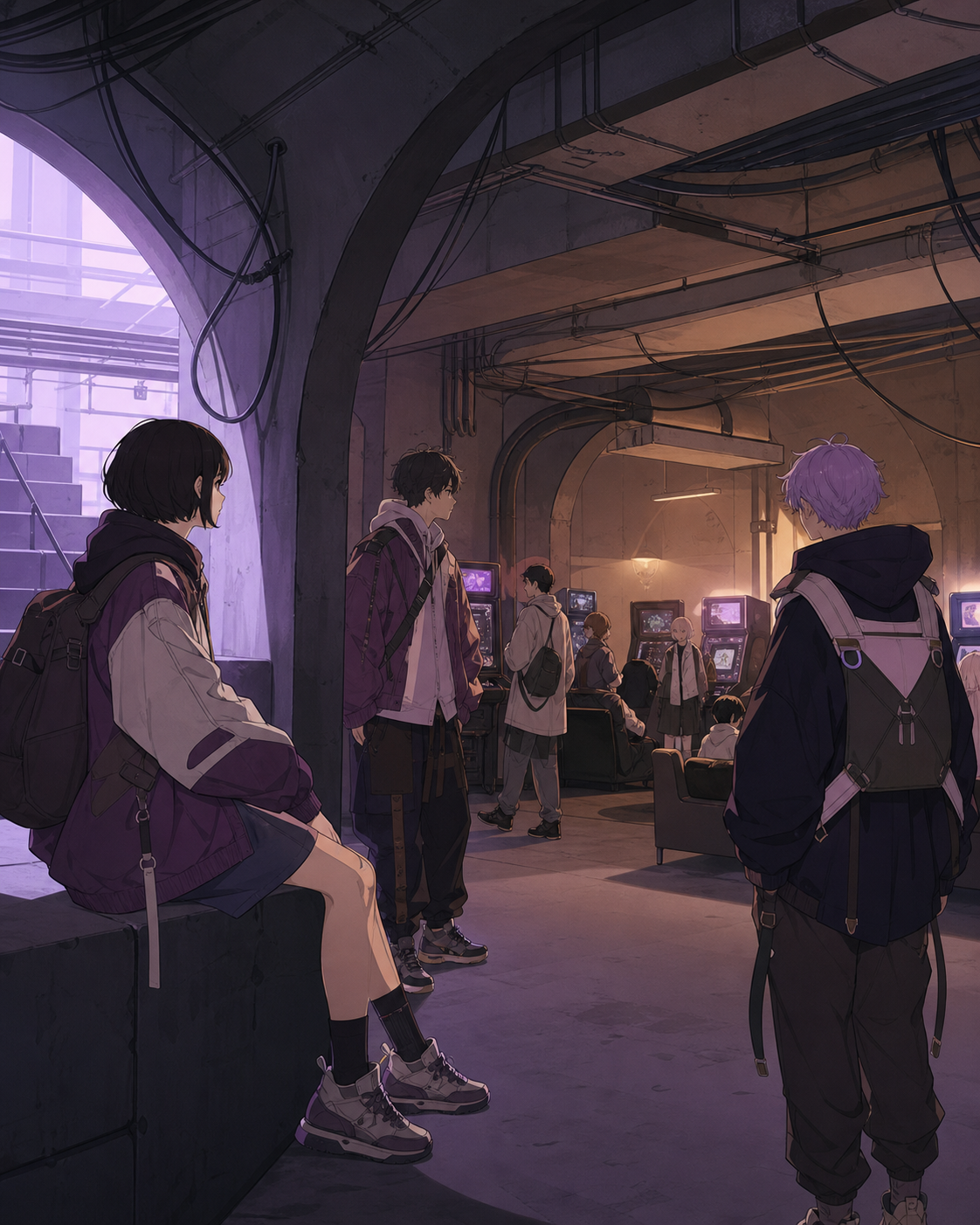 Students exploring a hidden arcade beneath an abandoned station, inside a hidden but welcoming subculture with its own routines. Wide underground ensemble with infrastructure framing the community. Mulberry, tea brown, t