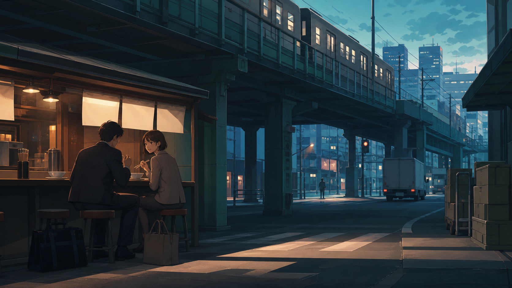 Two office workers sharing late-night noodles beneath an elevated railway, during the blue hour between the final commuters and the morning deliveries. Compressed telephoto composition layering several blocks of city lif