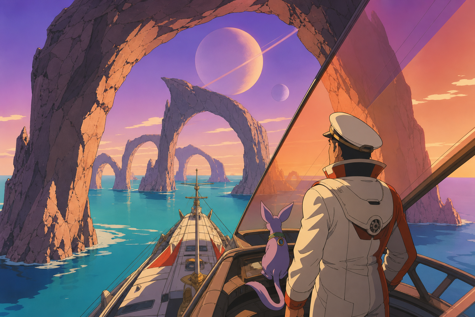 An adult harbor pilot guiding a ceremonial ship through a maze of stone arches, at the approach to a destination none of the crew has seen before. High coastal viewpoint following the ship's route through the scene. Apri