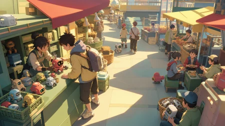 A teen choosing a tiny companion robot from a crowded repair stall, near closing time when vendors share food and reset their stalls. Elevated composition revealing intersecting pa