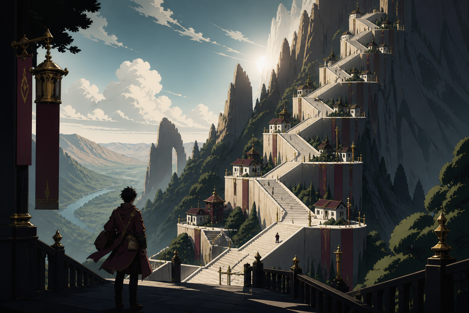 A valley crossed by an endless staircase whose landings contain tiny homes, during clear daylight that makes the scale easy to understand. Ground-level traveler view making the landmark fill most of the distance. Burgund