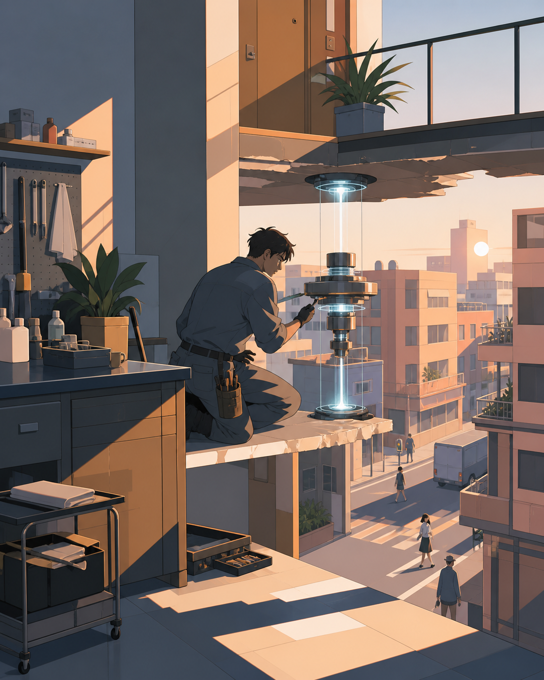 An apartment superintendent repairing a localized gravity failure between two floors, handled with the calm routine of an ordinary workday. Wide neighborhood view connecting the shop interior to activity outside. Sun-ble