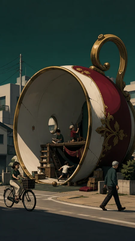 Children using a giant fallen teacup as a neighborhood clubhouse, with people carrying on ordinary routines despite the impossible scale. Epic wide frame contrasting tiny civilizat