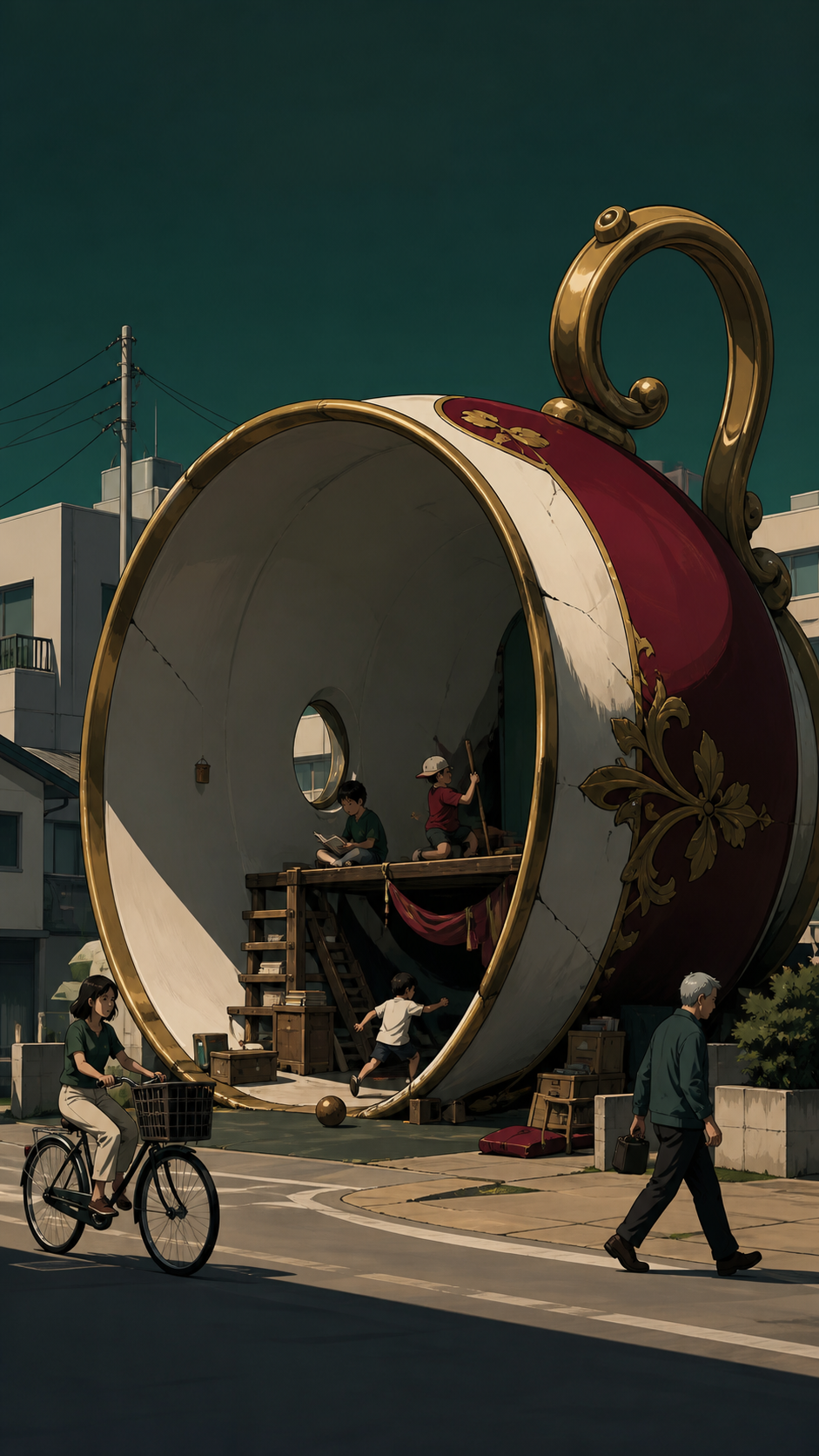 Children using a giant fallen teacup as a neighborhood clubhouse, with people carrying on ordinary routines despite the impossible scale. Epic wide frame contrasting tiny civilization with one giant object. Burgundy, mid