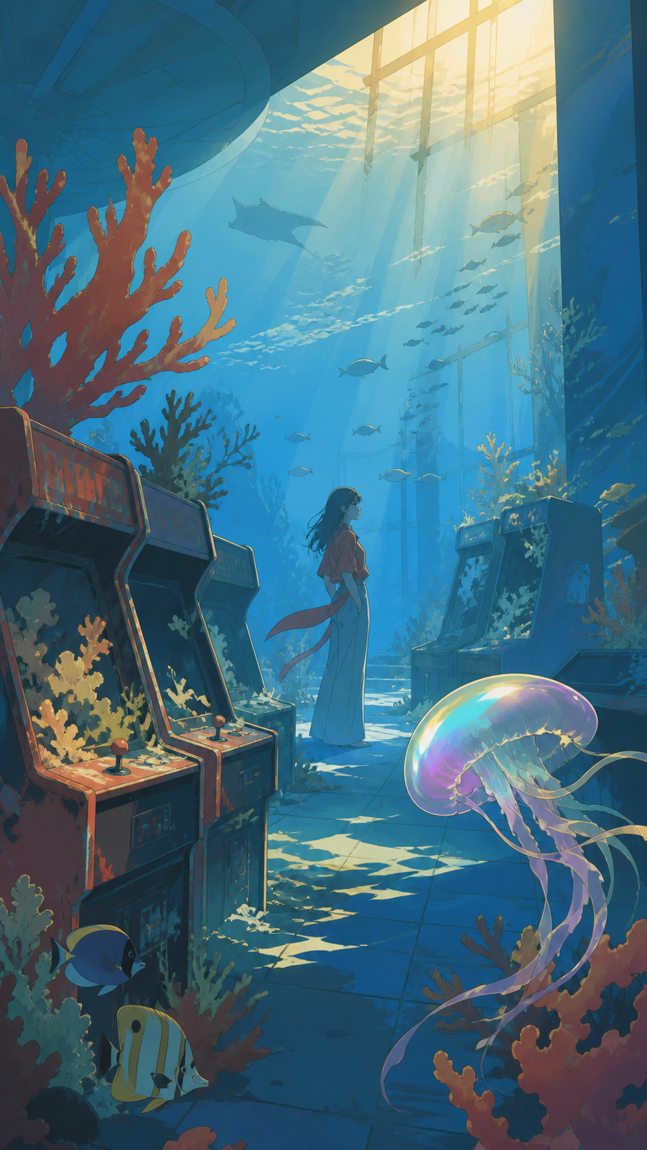 An abandoned underwater arcade slowly becoming a coral reef, during the brief hour when sunlight reaches the seafloor. Wide underwater vista with light guiding the eye through multiple depths. Clay red, sage, faded denim