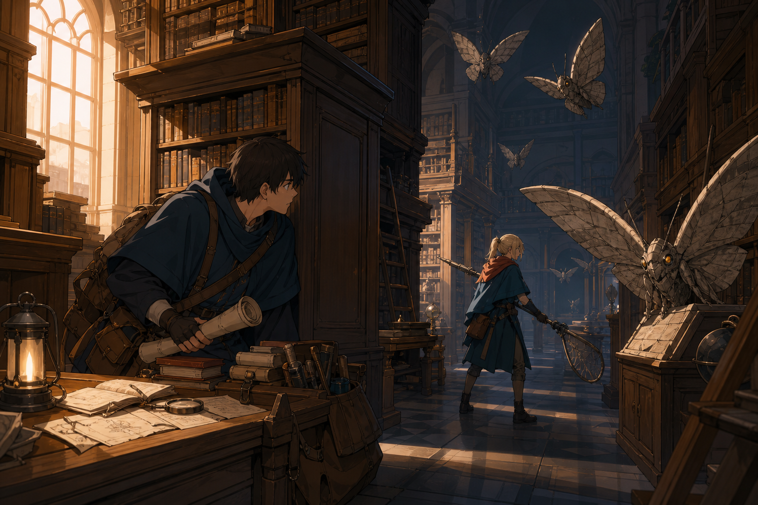 Two treasure hunters navigating a library patrolled by stone moths, between major dangers during a practical human-scale task. Wide party tableau that makes the environment feel explorable. Amber, walnut brown, rain blue
