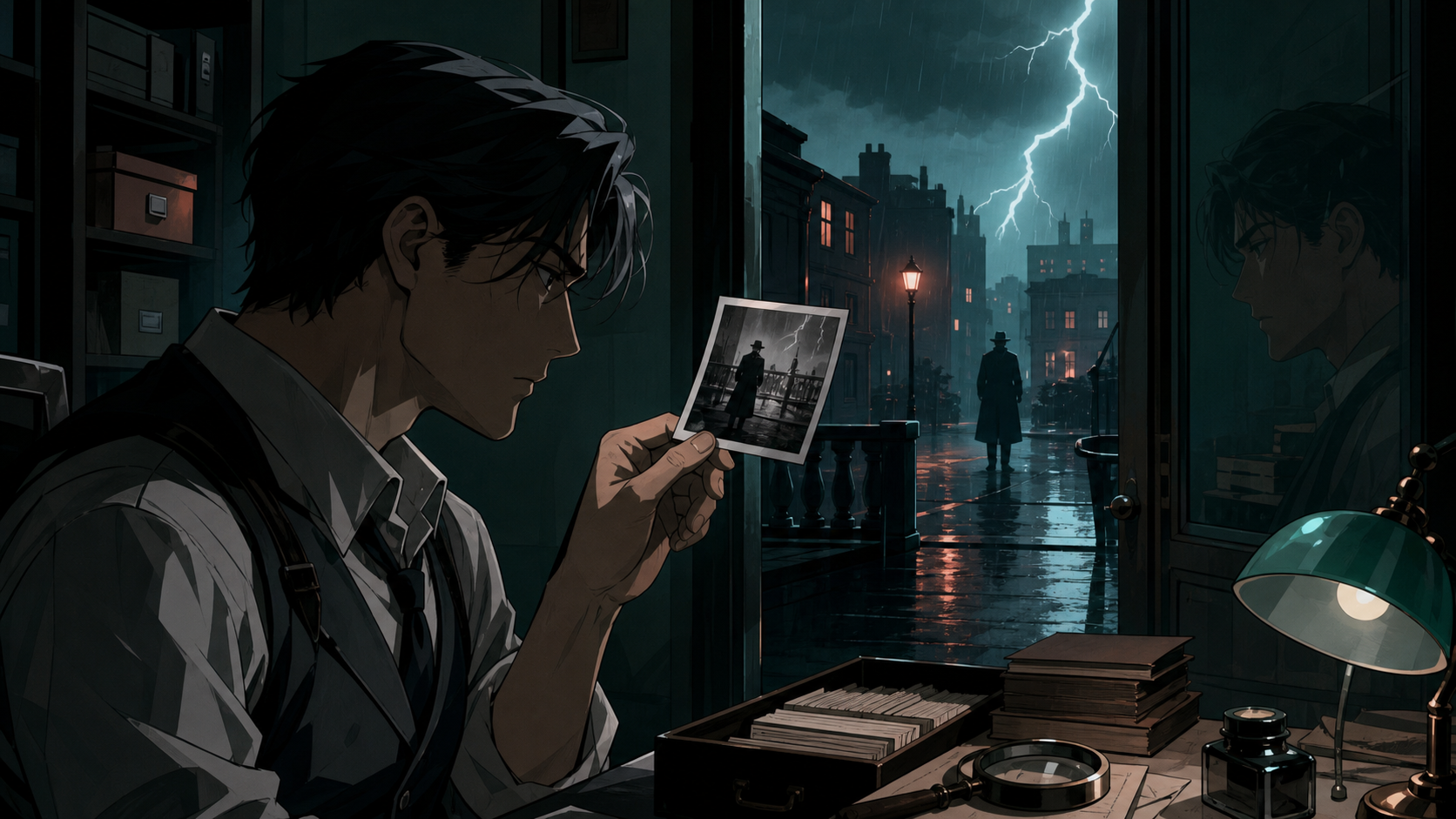 A private archivist examining a photograph that changes whenever lightning flashes, during a rain-heavy night with no obvious culprit in sight. Cinematic noir frame using doorways and reflected figures to layer the myste