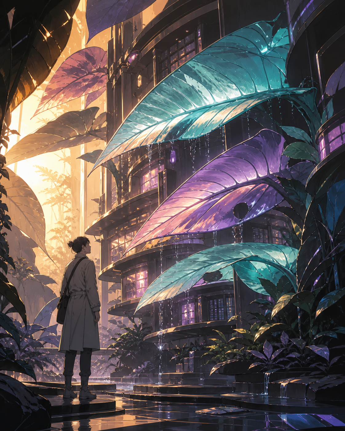 A library whose books are encoded in the changing colors of enormous leaves, after rainfall activates hidden biological structures throughout the scene. Lush environmental composition with technology discovered gradually
