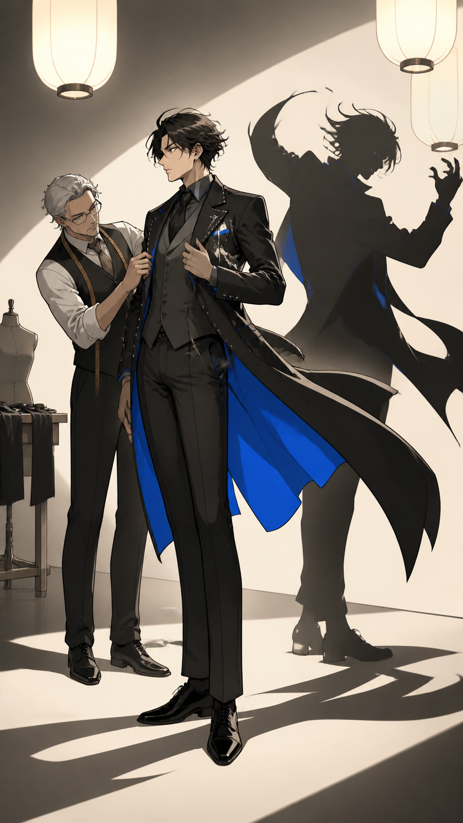 An adult designer fitting a formal coat whose shadow moves independently, captured as a character-driven editorial moment rather than a product display. Full-body editorial frame with generous negative space. Soft monoch