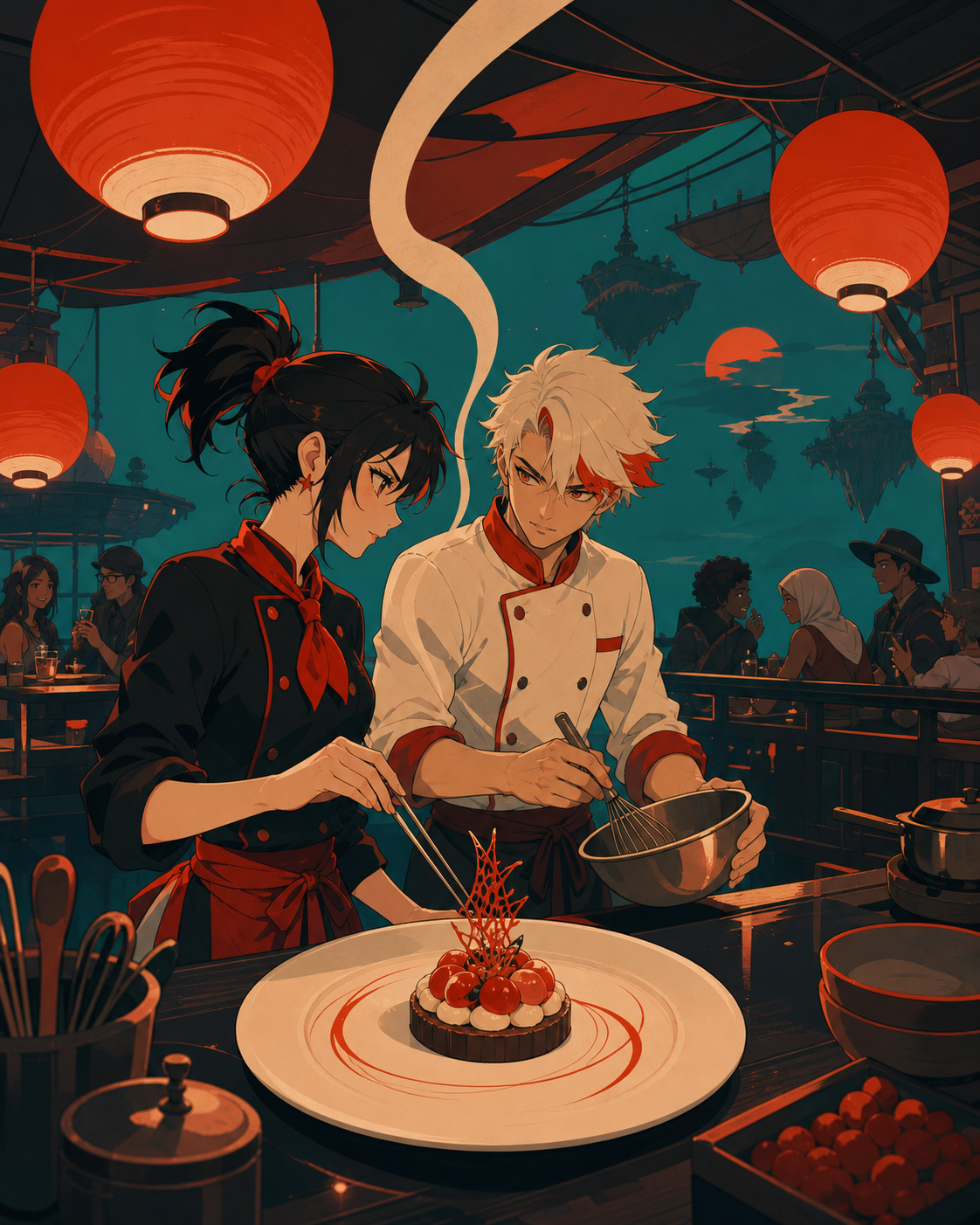 Two rival pastry chefs collaborating when their floating kitchen loses power, during the brief calm immediately before hungry customers arrive. Counter-side view with the cook and one memorable dish as dual focal points.