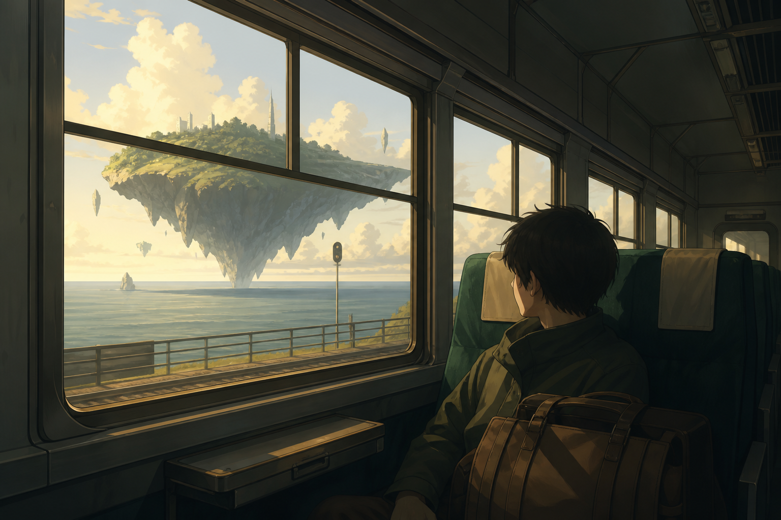 A lone traveler waking as the train passes an impossible island, between stations as the passing landscape becomes the main story. Exterior travel vista following the railway through varied terrain. Moss green, slate gra