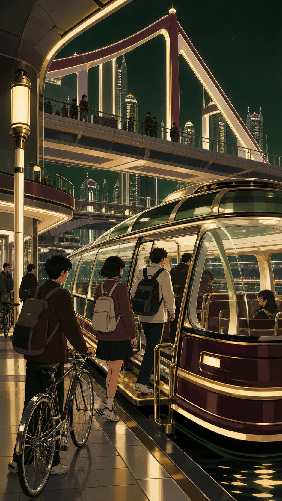 Teen commuters boarding a transparent ferry beneath glowing bridges, during an ordinary commute with one unexpected view. Wide station frame showing vehicle, platform, and multiple passenger stories. Burgundy, midnight g