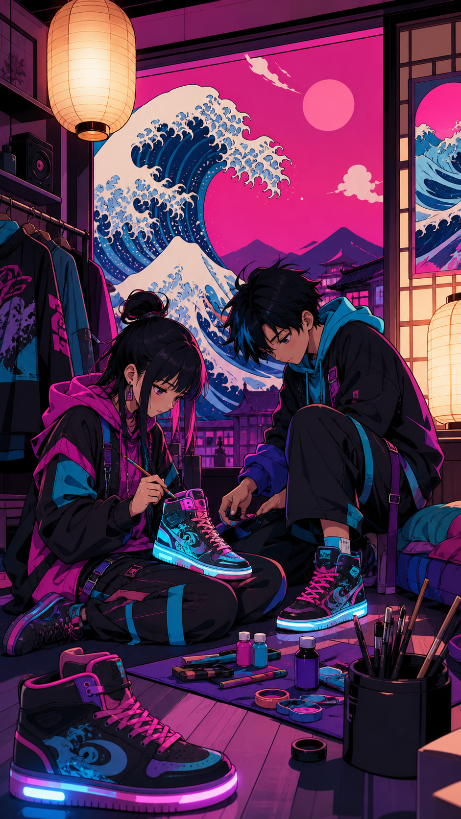 Siblings customizing luminous sneakers in a compact bedroom studio, during candid preparation rather than a formal runway pose. Full-body fashion narrative with environment supporting the outfit. Saturated magenta, elect