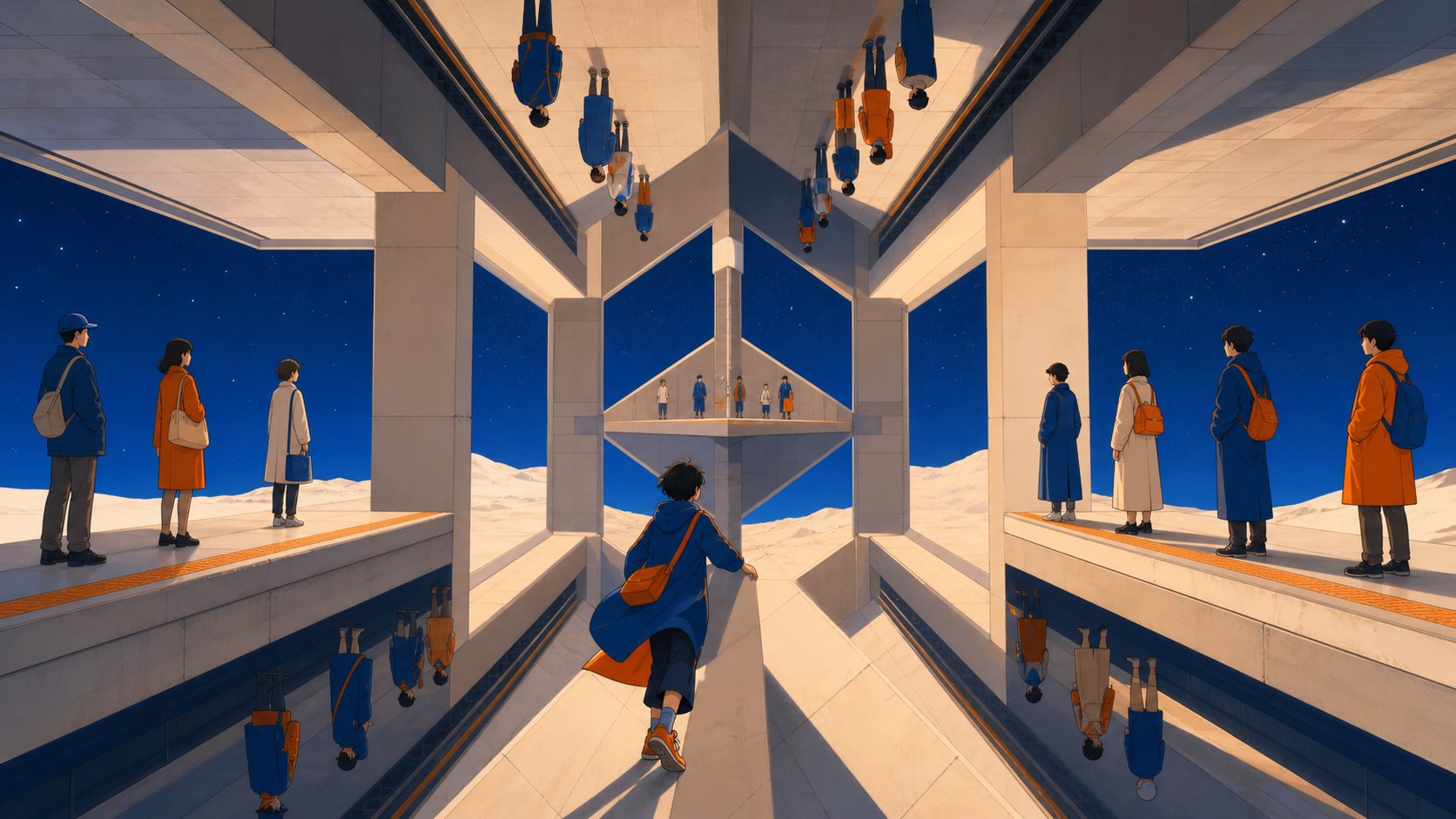 Commuters waiting on platforms arranged across opposing gravity fields, as one character discovers a shortcut between two orientations. Carefully centered architectural view exposing the complete paradox. Cobalt, persimm