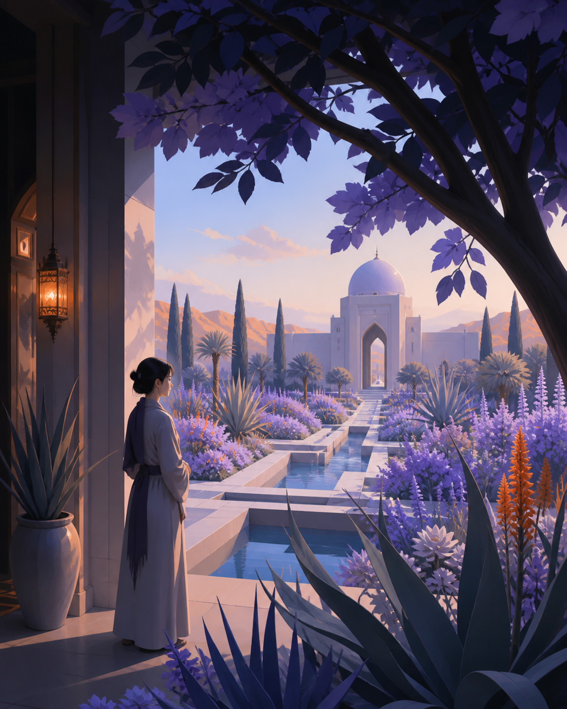 A desert garden blooming around geometric water channels, at peak seasonal color represented through broad clean masses. Visitor-height view framed by large branches and a distant landmark. Pale lavender, icy blue, graph