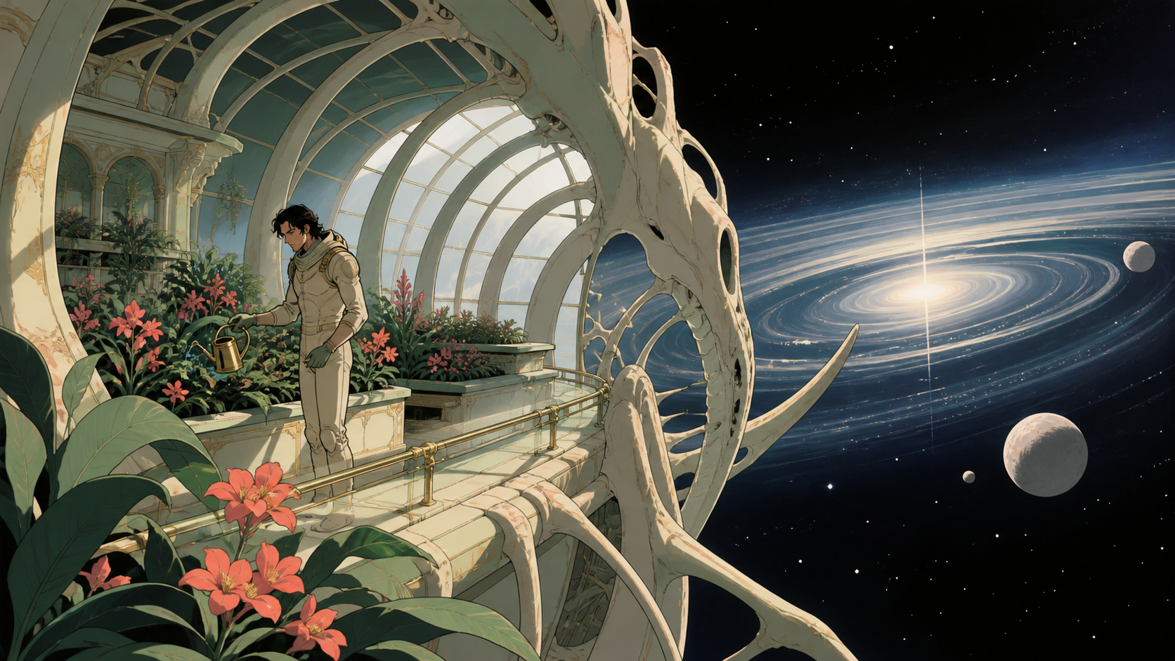 An astronaut tending a greenhouse inside the skeleton of a moon-sized creature, at the calm center of a vast gravitational phenomenon. Expansive widescreen composition with strong negative space. Celadon, coral pink, ink
