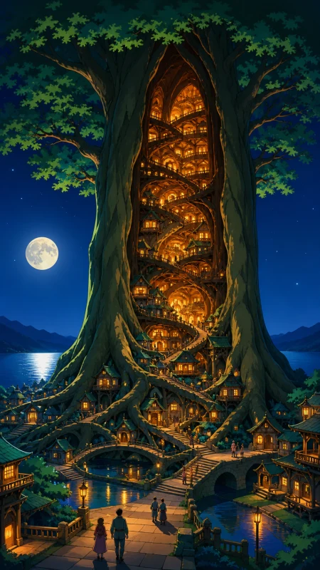 A colossal cedar containing a spiral village within its hollow center, as communities carry out ordinary daily life around the landmark. Vertical hero view showing the full tree fr