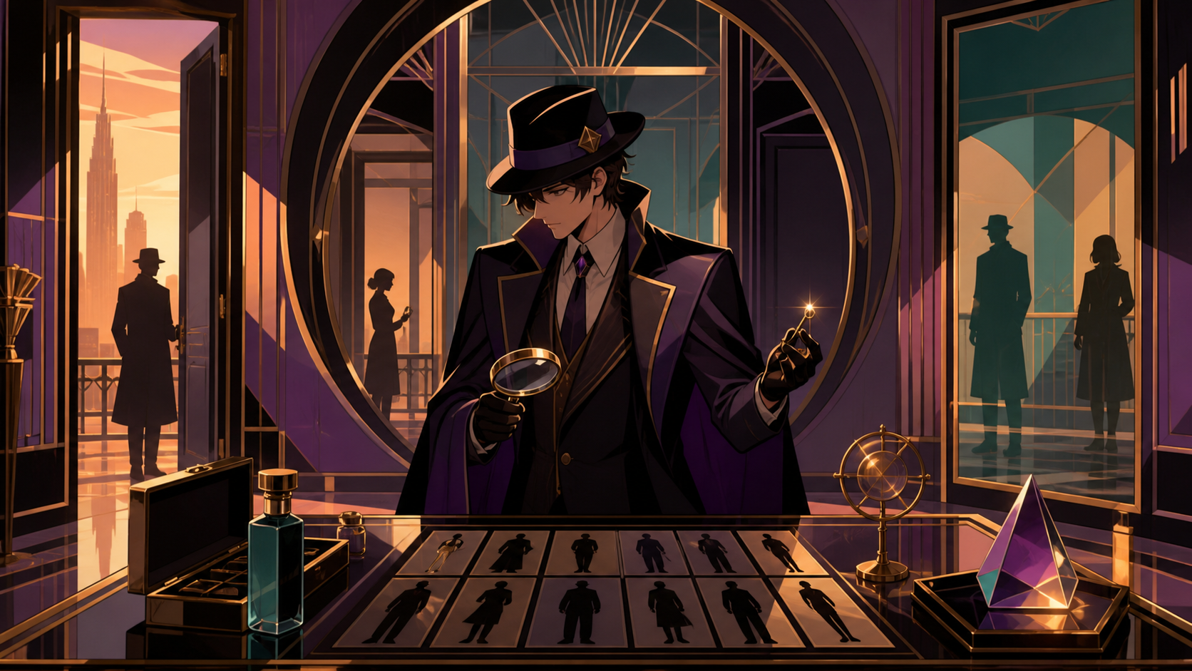 A forensic magician cataloging shadows that belong to missing people, at the turning point where one overlooked object solves half the mystery. Cinematic noir frame using doorways and reflected figures to layer the myste