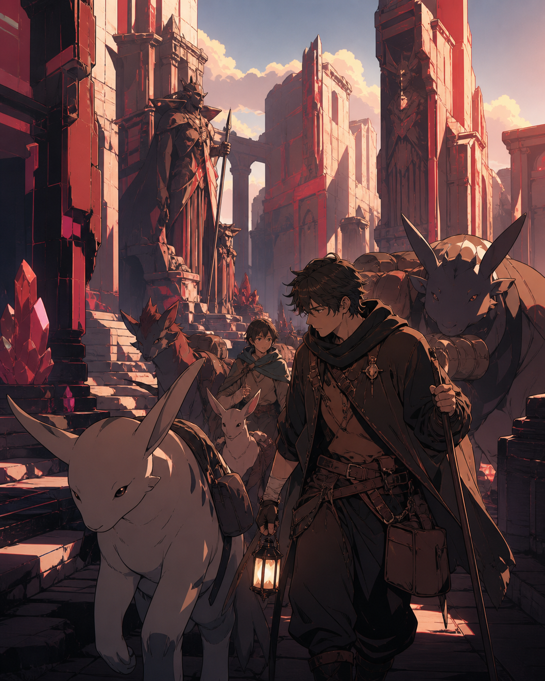 A weary guild escort guiding rescued creatures through bioluminescent ruins, between major dangers during a practical human-scale task. Wide party tableau that makes the environment feel explorable. Crimson, black cherry