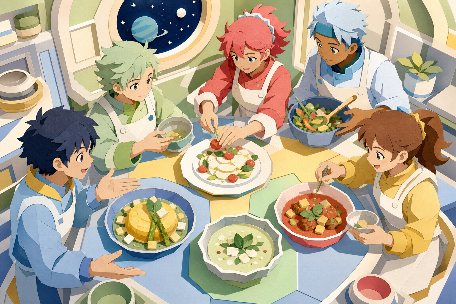 Space-station cooks improvising dinner after gravity briefly changes, when competitors pause to help one another finish safely. Overhead-leaning composition comparing several finished dishes. Soft pistachio, butter yello
