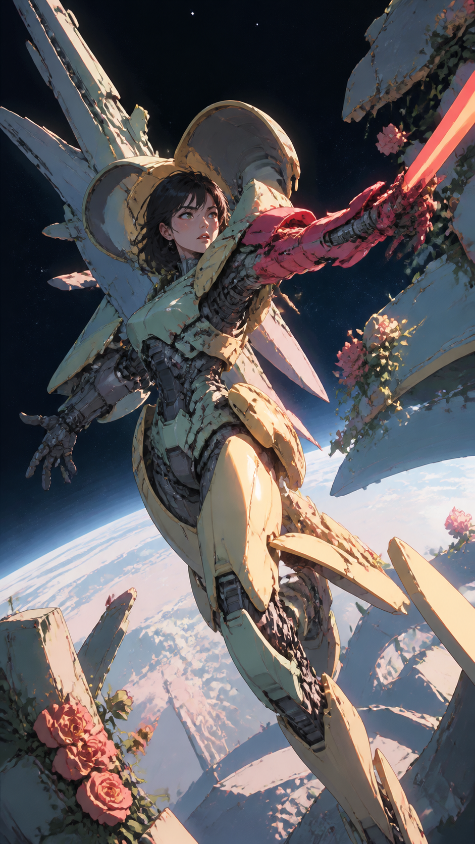 A deep-space maintenance suit unfolding into an asymmetrical combat machine, fighting in zero gravity among fragments of a ruined orbital garden. Wide cinematic action tableau frozen at the clearest dramatic instant. Sof