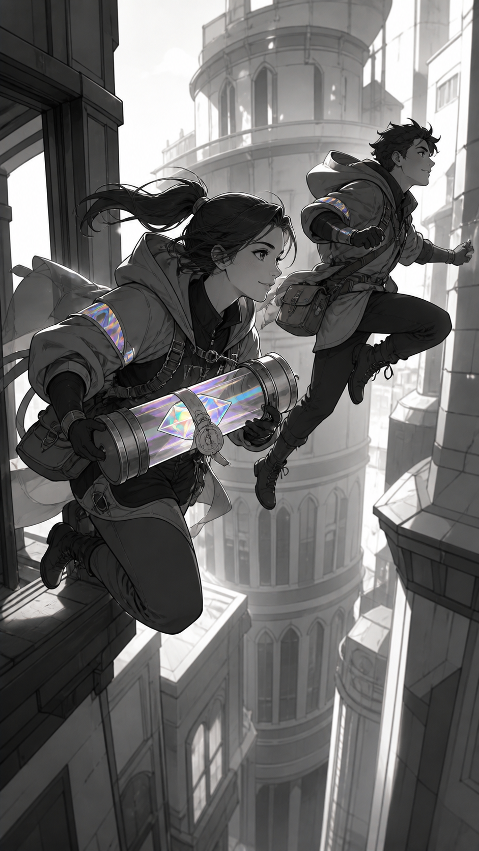 Two adult spell couriers leaping between moving towers to deliver a sealed remedy, with the objective readable immediately and no gore. Wide action frame with a single unmistakable movement direction. Monochrome graphite
