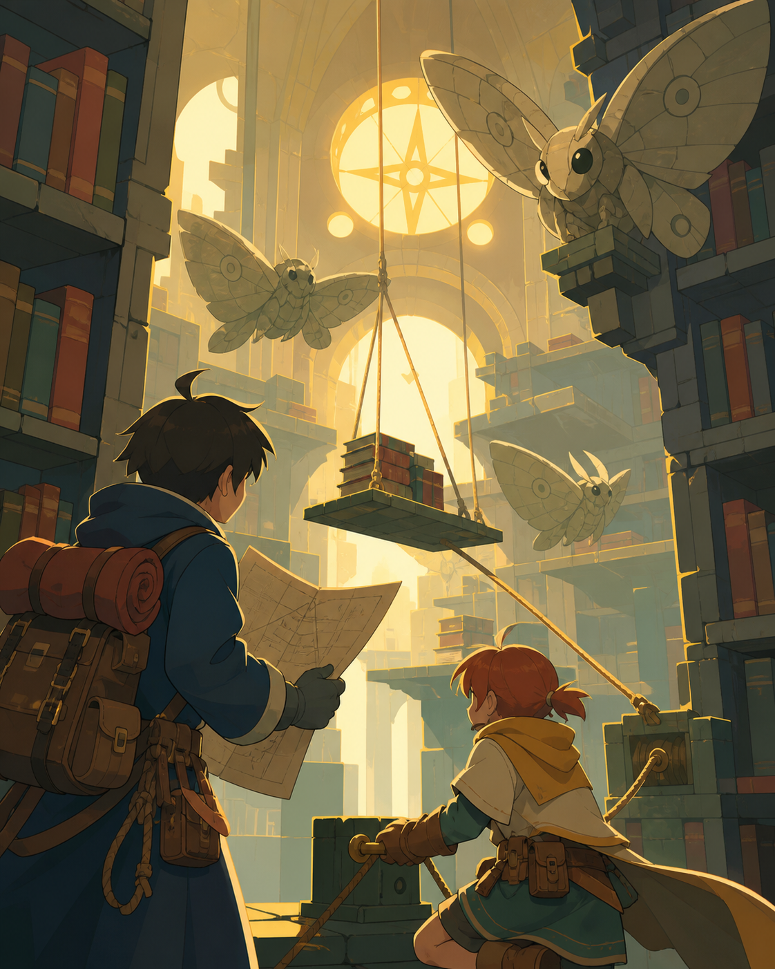 Two treasure hunters navigating a library patrolled by stone moths, solving an environmental obstacle through teamwork rather than combat. Over-the-shoulder discovery frame revealing a large navigable space. Clay red, sa