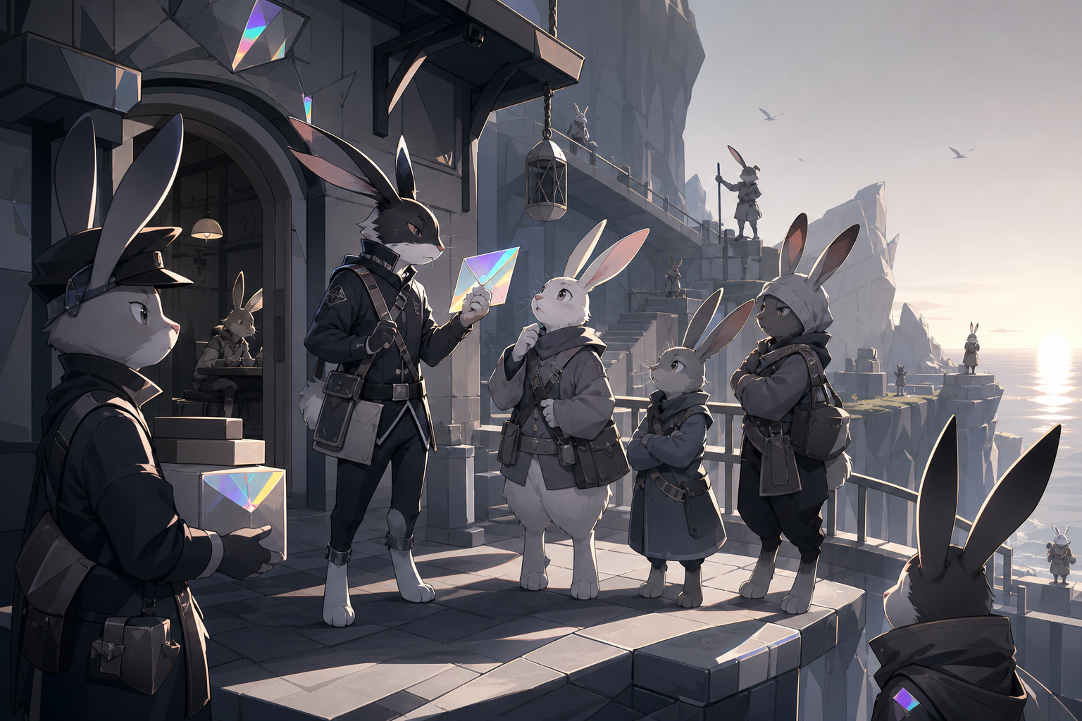 A cliffside postal route maintained by long-legged rabbit couriers, as a minor civic problem brings several personalities together. Busy civic tableau with one central interaction guiding the eye. Monochrome graphite wit