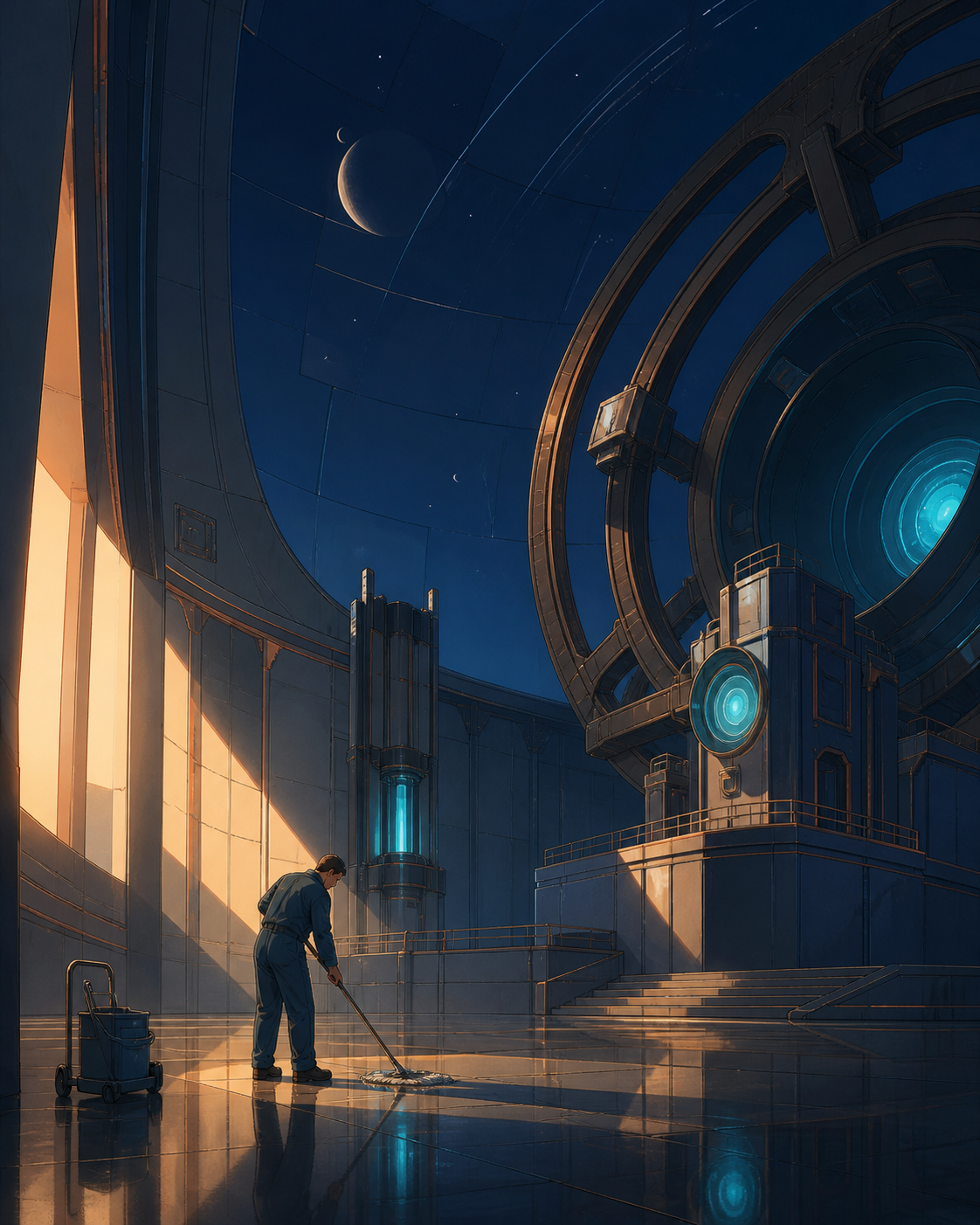 An adult observatory custodian polishing the floor beneath a moving indoor sky, centered on an ordinary task made memorable by the unusual setting. Intimate counter-side composition surrounded by empty architecture. Moon