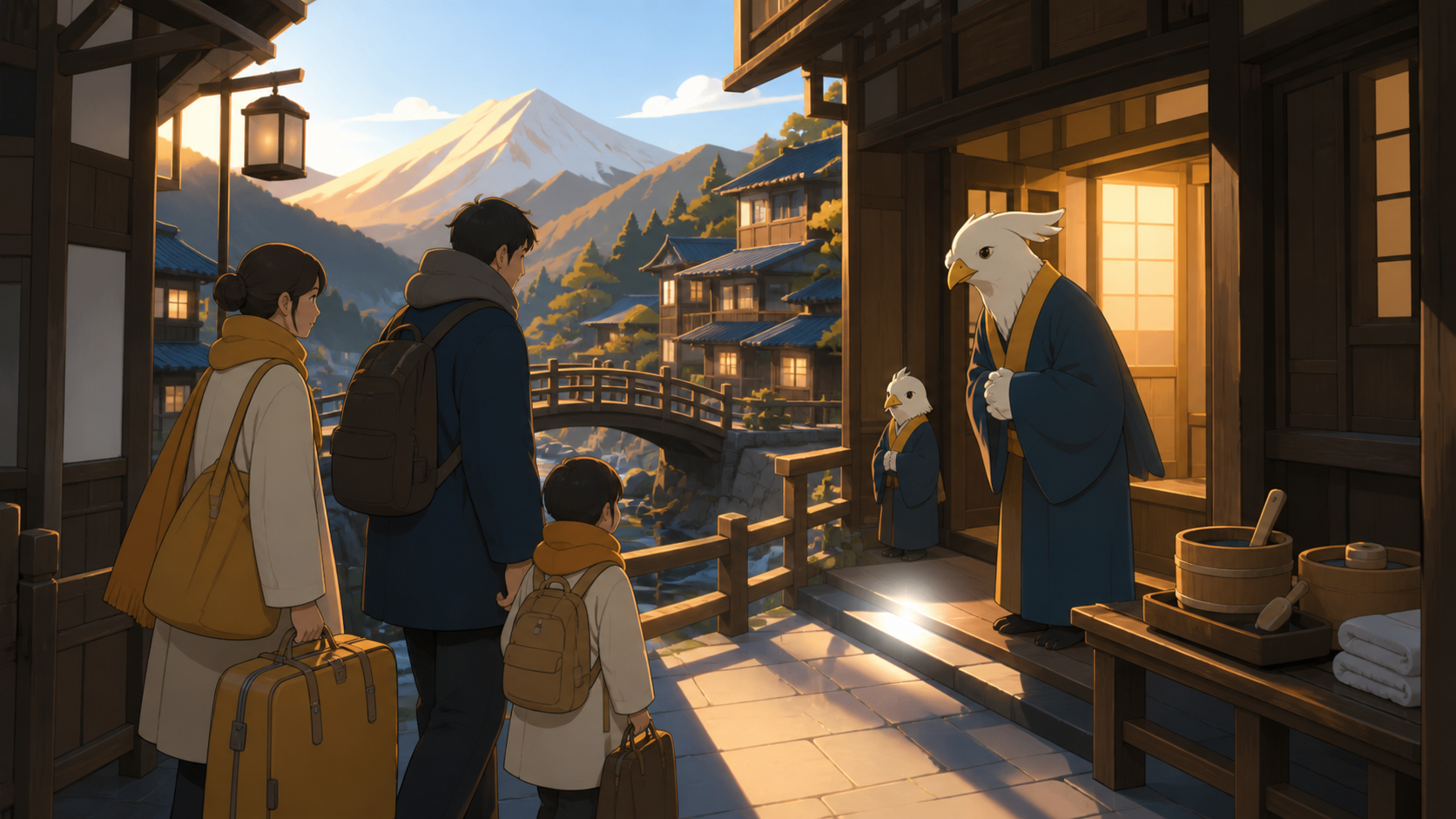 A family arriving at a hillside inn run by courteous bird spirits, during the peaceful hour before the first guests wake. Intimate walkway frame with architecture enclosing the characters. Saffron, peacock blue, dark umb