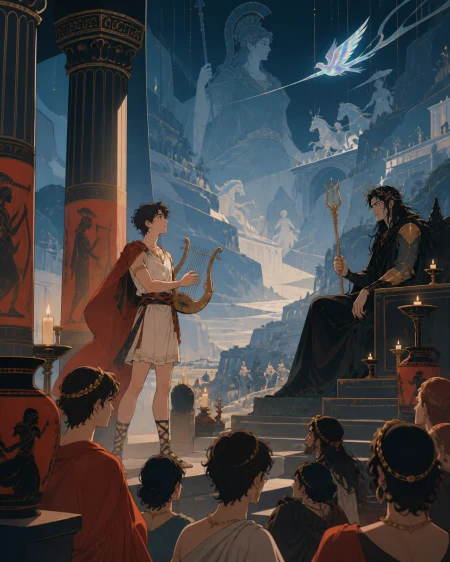 A mortal musician challenging the ruler of an underground palace, as an ancient prophecy becomes visible across the landscape. Steep temple composition leading from a crowd toward 