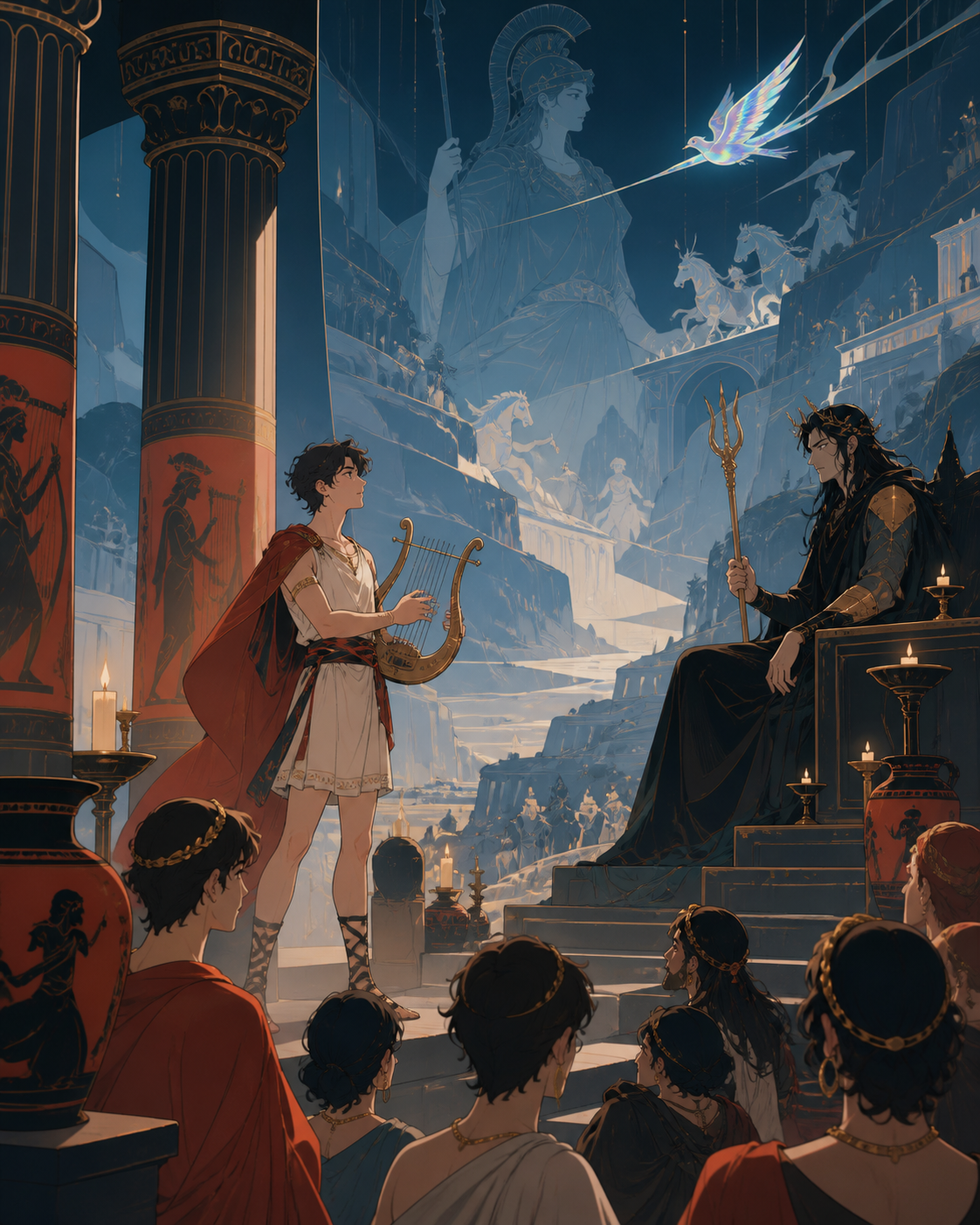 A mortal musician challenging the ruler of an underground palace, as an ancient prophecy becomes visible across the landscape. Steep temple composition leading from a crowd toward a supernatural event. Pine black, snow b