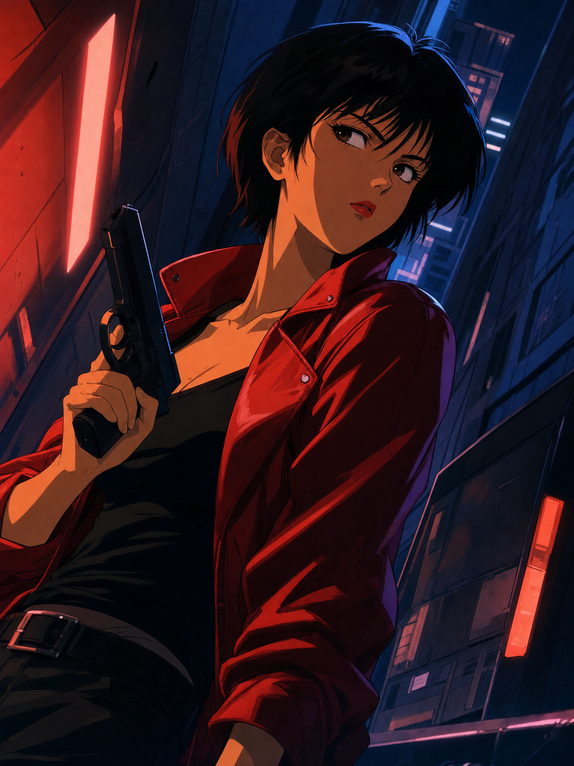 retro '90s anime, Retro Ghost, film grain, cinematic portrait of a young woman with short black hair, wearing a red leather jacket and black tank top, holding pistol, standing in a neon-lit cyberpunk alley, dutch angle, 