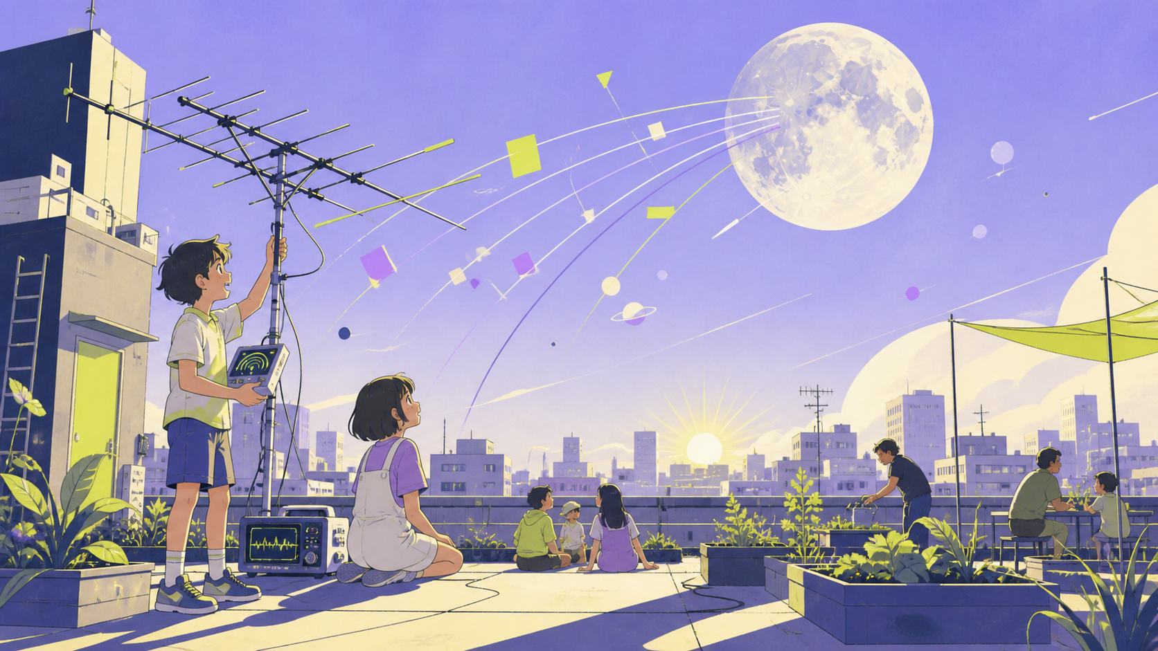 Children discovering that apartment antennas receive messages from the moon, on a quiet weekend when residents use the shared roof together. Wide rooftop ensemble against a layered city horizon. Acid lime, ultraviolet, m