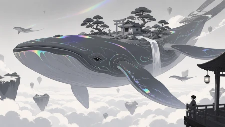 A colossal sky whale carrying a miniature shrine garden on its back, crossing its natural habitat during a rare seasonal migration. Majestic full-body creature composition with env