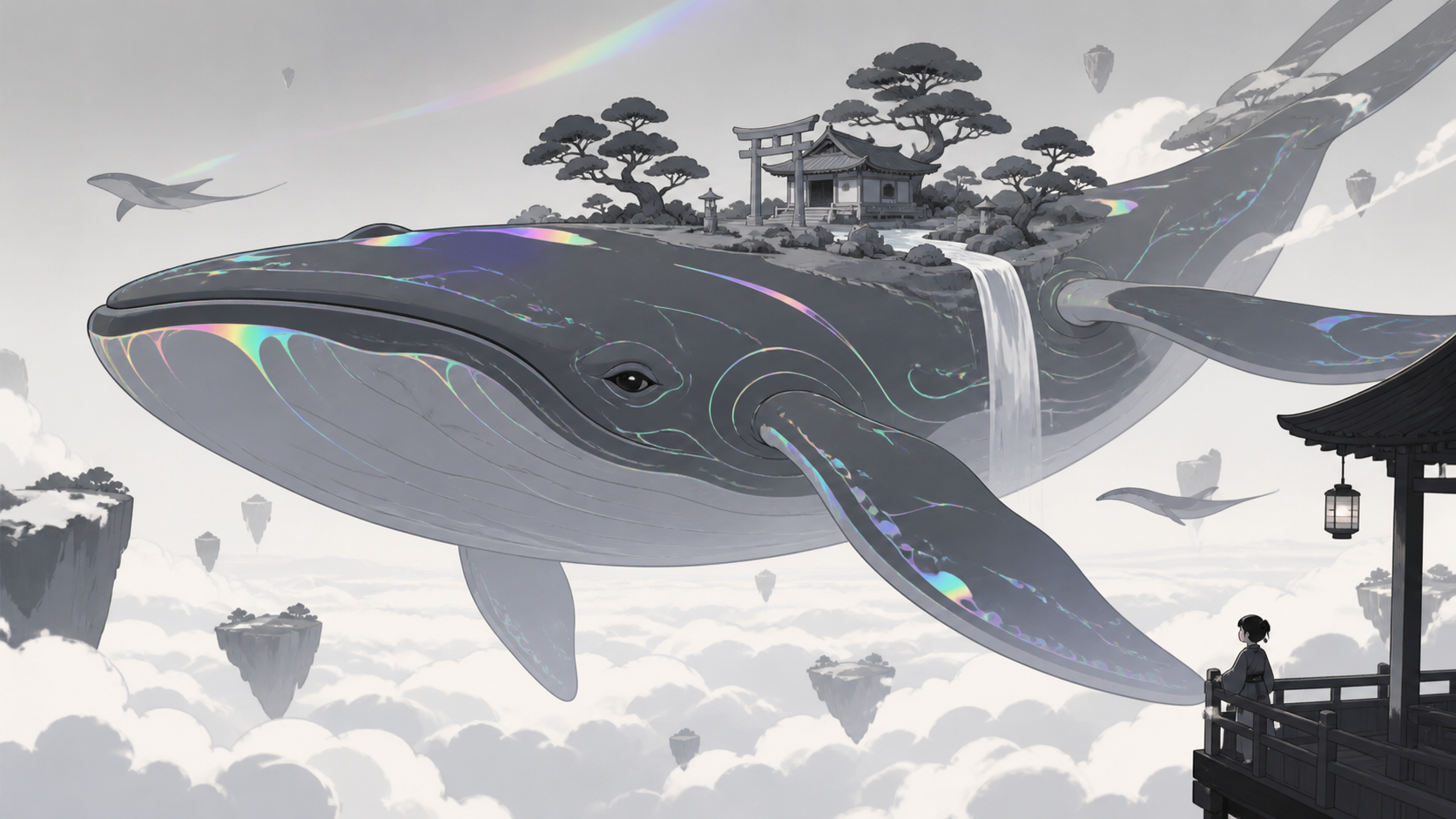 A colossal sky whale carrying a miniature shrine garden on its back, crossing its natural habitat during a rare seasonal migration. Majestic full-body creature composition with environmental scale cues. Monochrome graphi