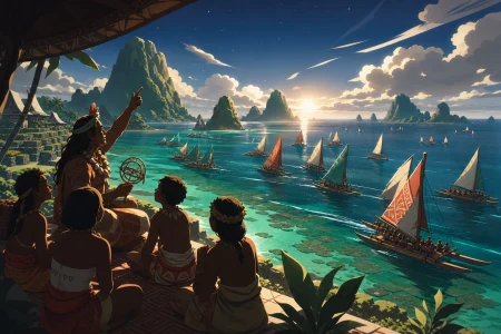 An island astronomer teaching children to read the night sea, during a joyful island competition across vivid open water. Ocean-wide fleet view with islands placed across a clear h