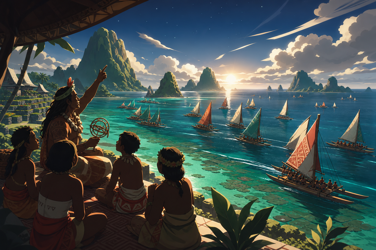 An island astronomer teaching children to read the night sea, during a joyful island competition across vivid open water. Ocean-wide fleet view with islands placed across a clear horizon. Sea-glass green, faded coral, st