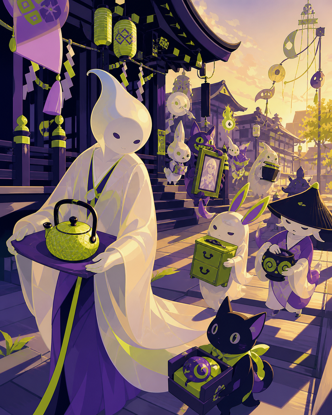 A procession of forgotten household spirits returning borrowed objects, during a quiet festival after all human visitors have gone home. Balanced ensemble composition with one strong focal action. Acid lime, ultraviolet,
