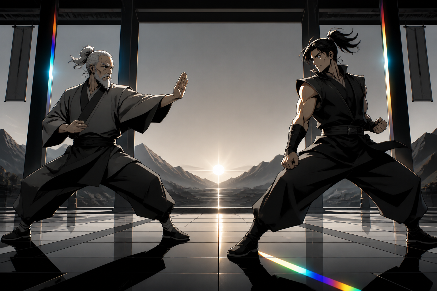 An elderly master testing a confident tournament champion, as one fighter changes strategy after recognizing an old lesson. Symmetrical pre-duel composition broken by one sudden gesture. Monochrome graphite with selectiv