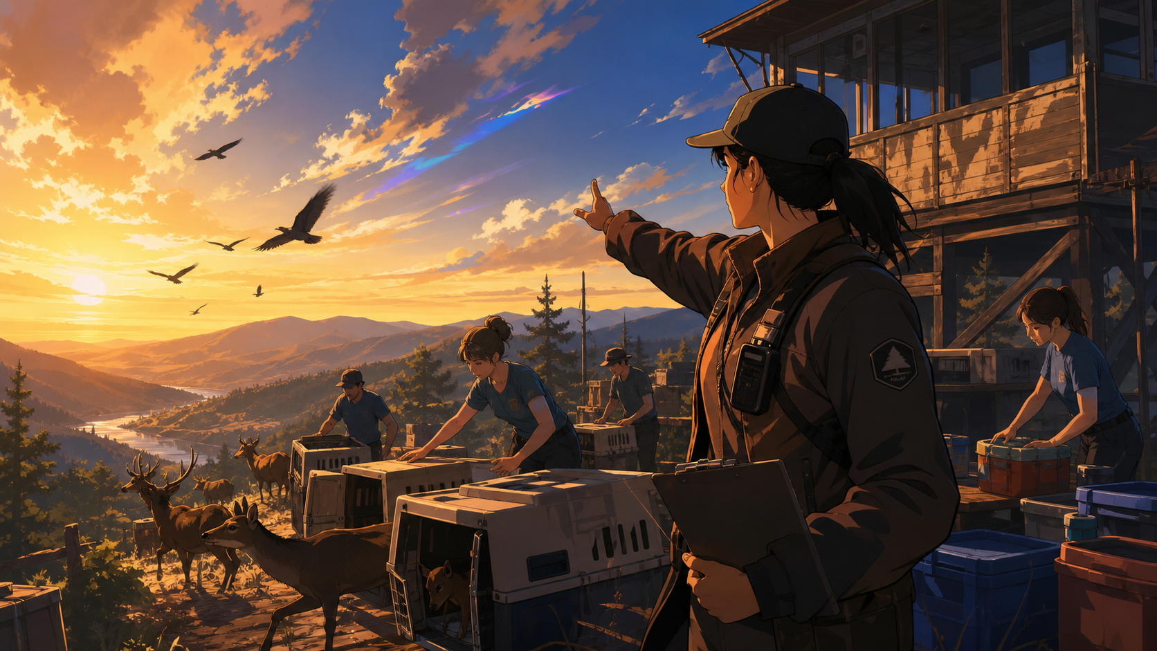 An adult fire lookout coordinating the return of wildlife after a distant evacuation, with ordinary people contributing through distinct useful tasks. Strong diagonal composition following a rescue line across the scene.
