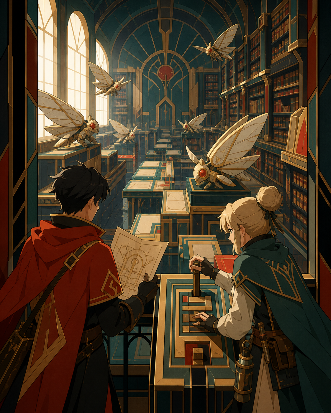 Two treasure hunters navigating a library patrolled by stone moths, solving an environmental obstacle through teamwork rather than combat. Over-the-shoulder discovery frame revealing a large navigable space. Vermillion, 