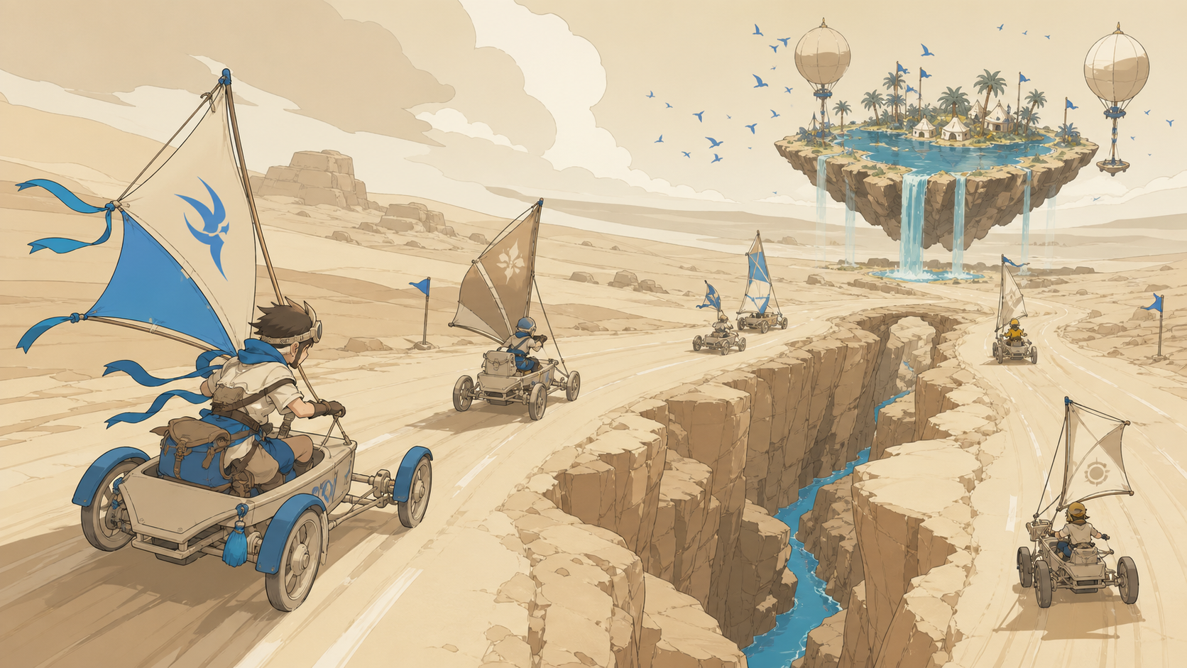 Desert couriers racing sail-powered carts toward a moving oasis, at a joyful regional tournament rather than a dangerous battle. Elevated course map-like view organized around one decisive shortcut. Soft monochrome with 
