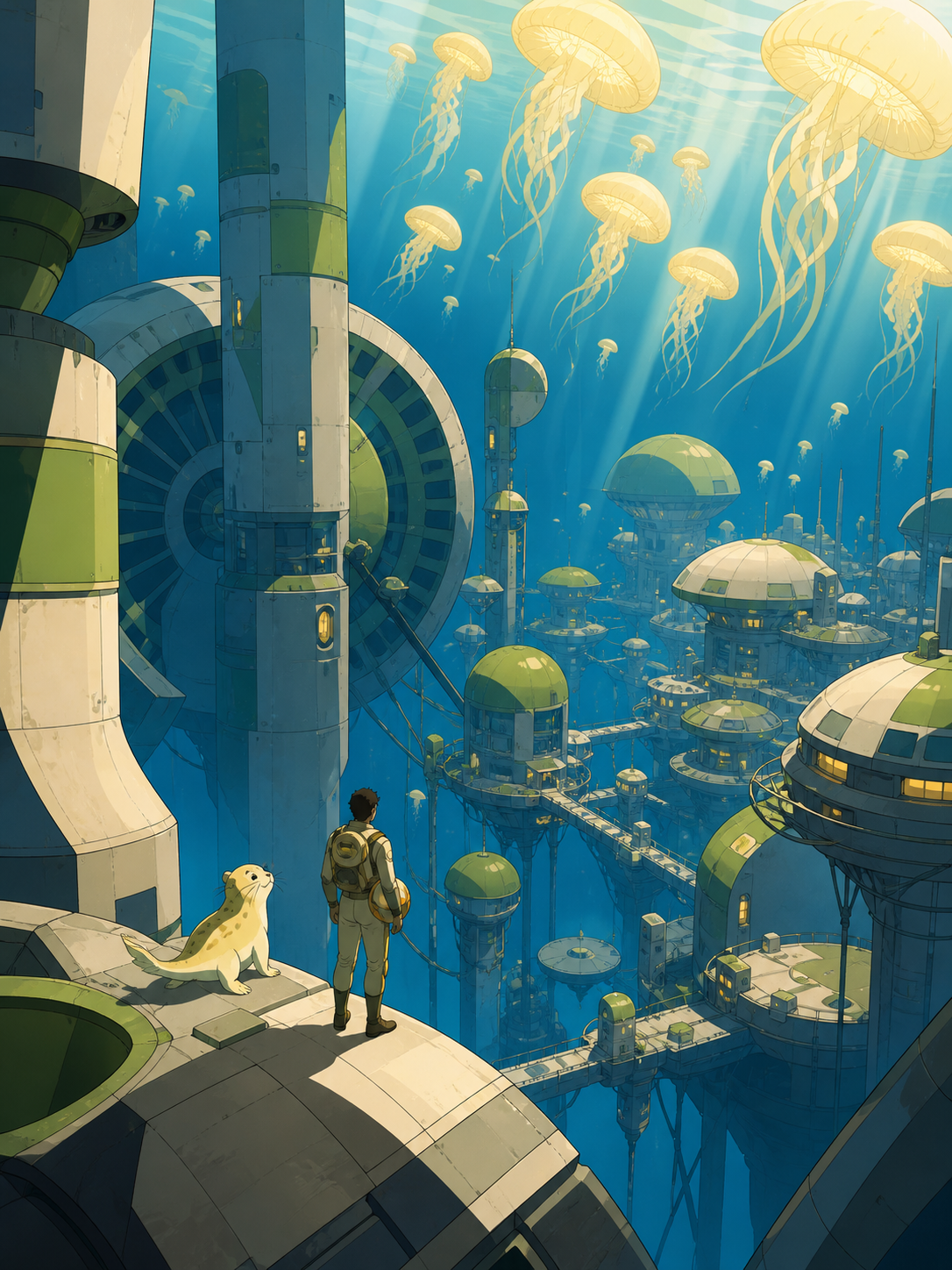 A research village suspended beneath a field of glowing jellyfish, seen in peaceful stillness after an ancient mechanism restarts. Vertical descent composition with a tiny explorer providing scale. Moss green, slate gray