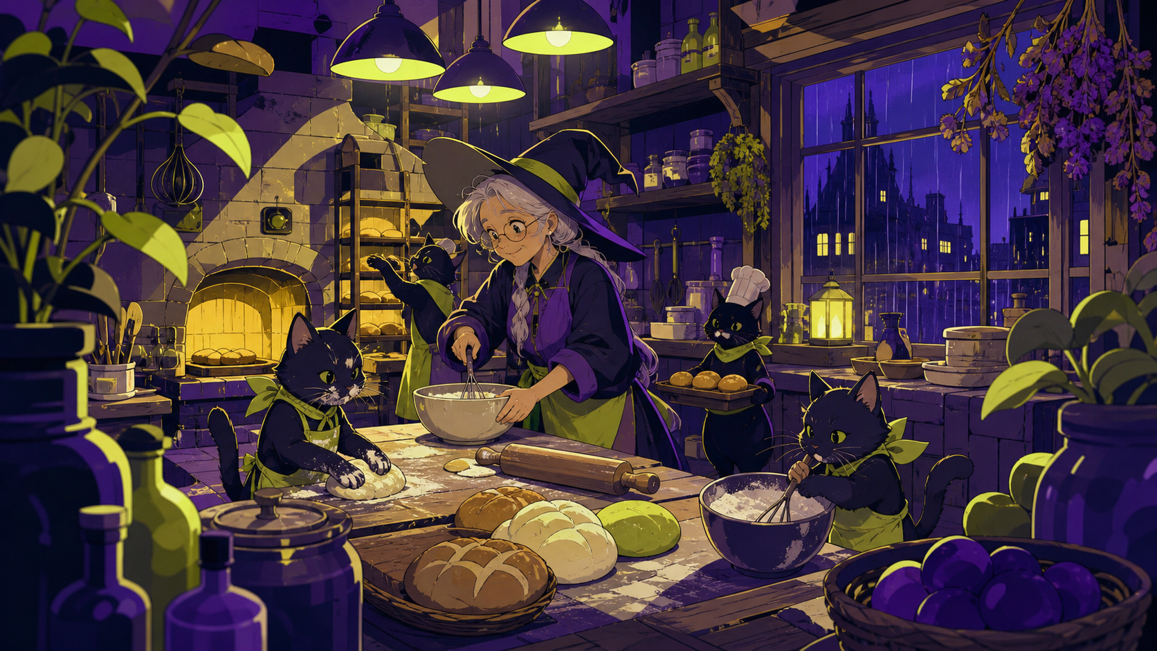 A tiny bakery shared by an elderly witch and several flour-covered familiars, during a rainy evening with every warm light switched on. Cozy eye-level view with foreground objects framing the scene. Acid lime, ultraviole